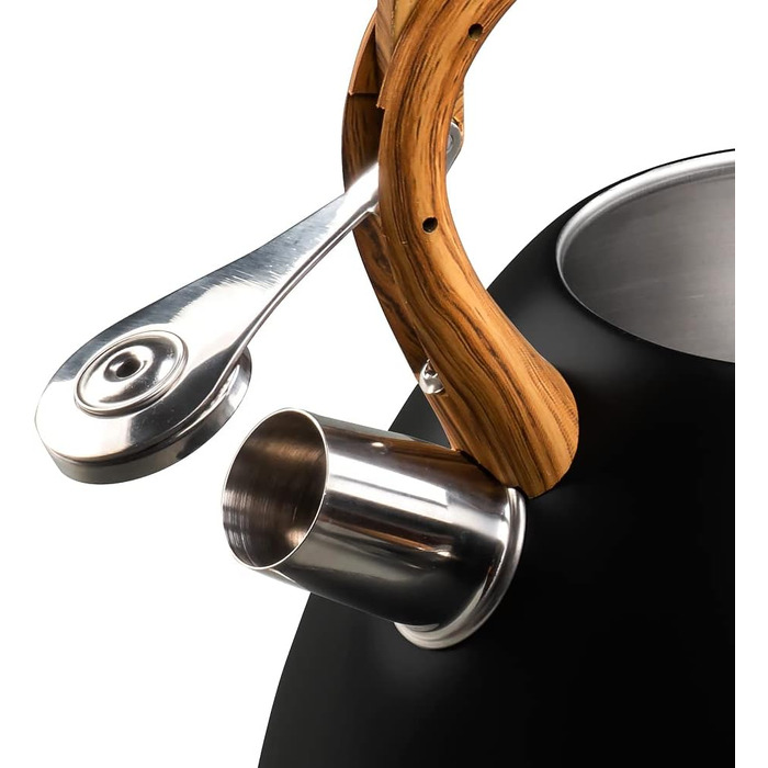 Чайник VILDE 3L з індукційною плитою, нержавіюча сталь, матовий чорний, з імітацією дерев'яної ручки. Підходить для сучасних та традиційних кухонь. Підходить для всіх типів плит, включаючи індукційні.