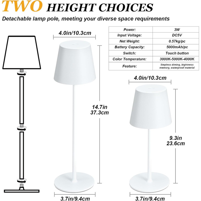 Настільна LED лампа акумуляторна бездротова 2 в 1, димується, з USB-C зарядкою, 3 режими світла, біла - набір 2 шт.