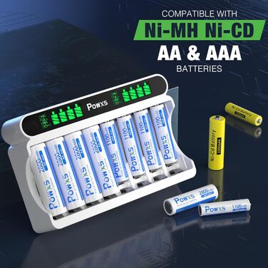Зарядний пристрій POWXS для акумуляторів NI-MH NI-CD AA/AAA, 8 слотів, LCD дисплей, швидка зарядка Micro USB/Type-C