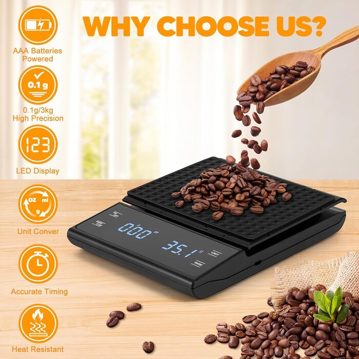 Електронні ваги для кави Viitech, до 3 кг, з таймером, 0.1 г, для дому та офісу