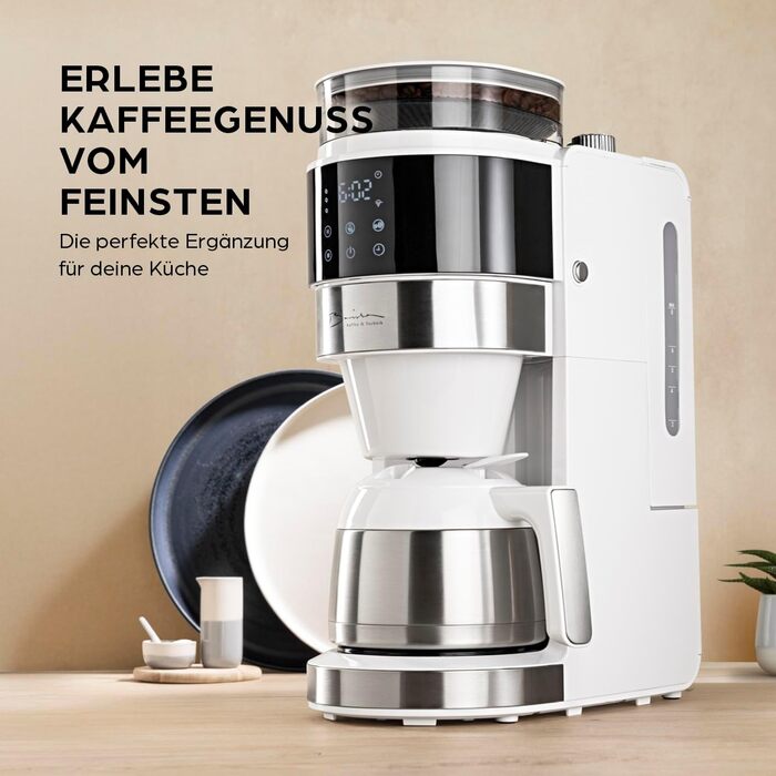 Кавомашина Barista Filterkaffeemaschine з регульованим млинком та термокружка | Функція підігріву, таймер 24 год та постійний фільтр | Для 10 чашок кави | Кавомашина для зерен та меленої кави [Нержавіюча сталь] (9) Weiß (Pro Design) - Термокружка - з