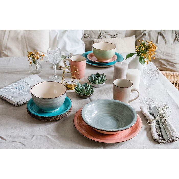 MÄSER 931495 Bel Tempo II, 12-piece tableware set for 6 people with a modern vintage look, hand-painted, pink, stoneware.
