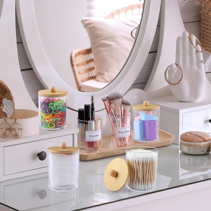 Організатор для ватних дисків та паличок: прозорий контейнер з бамбуковою кришкою (4 шт.)