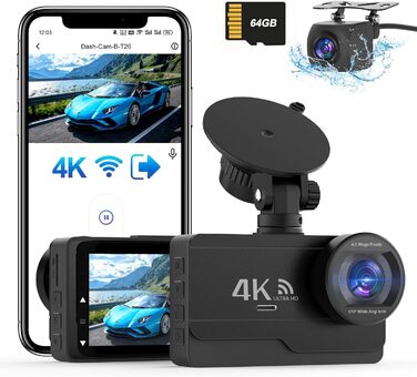 Відеореєстратор SIGRILL 4K/2K/1080p з Wi-Fi, двокамерний, з SD-картою 64GB, нічне бачення, кут огляду 170°, G-сенсор, паркувальний режим, Loop-запис, підтримка до 256GB