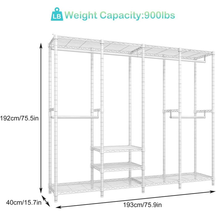 KZOBYD Clothes Rack, Coat Rack with 6 Height-Adjustable Shelves, Clothes Rail with 4 Hanging Compartments, Plenty of Space, for Bedroom, Living Room (White)