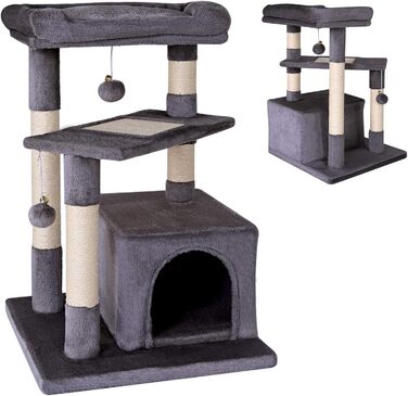 Дряпка для котів Lionto з лежаком та гrottoю, 75 см, з сизалевого мотузка та м'якого плюшу, 2 іграшки з дзвіночками, підходить для кошенят та дорослих котів (темно-сірий)