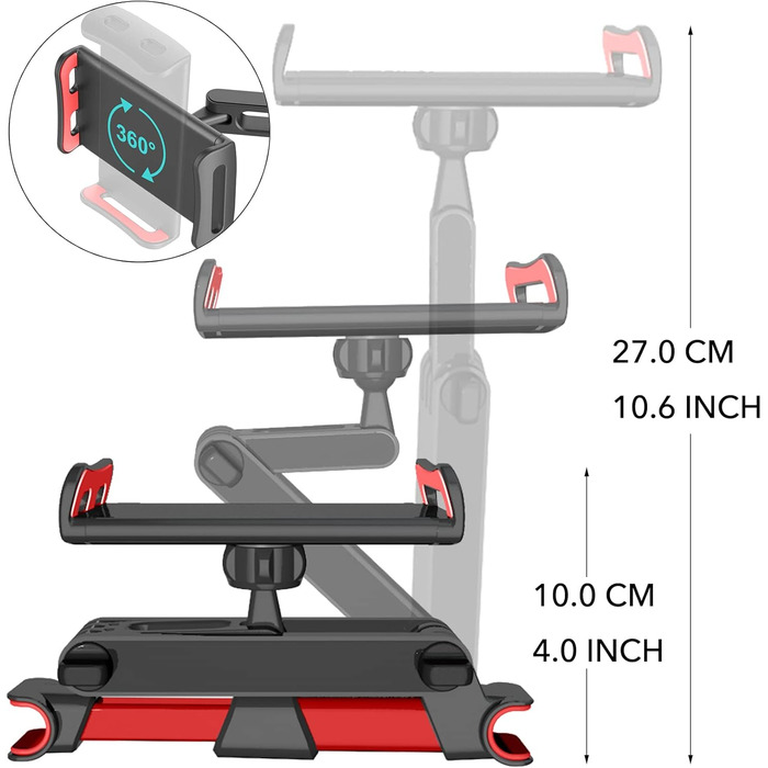 Універсальний тримач для планшета в авто, регульований, для iPad/iPhone/Samsung Galaxy Tab/Kindle Fire HD/Nintendo Switch, 4.4-11 дюймів, червоний/чорний