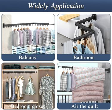 Настінна сушилка для білизни розкладна 120 см, висувна штанга з 18 гачками, сушарка для одягу на стіну, тримач для рушників (чорний)
