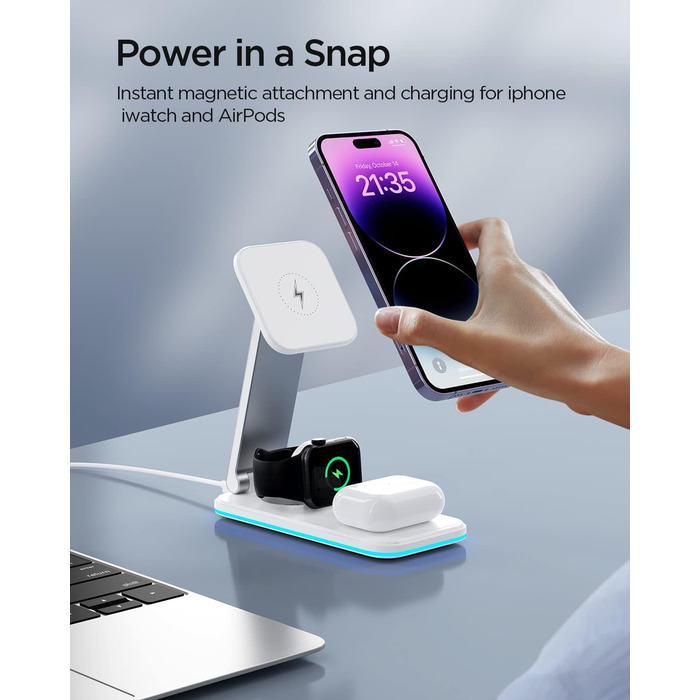 Зарядна станція MagSafe 3-в-1, складна, бездротова, біла (18W адаптер в комплекті). Сумісна з iPhone 14/13/12, AirPods Pro/2/3, iWatch 8/7/6/SE/5/4/3/2. Модель S16