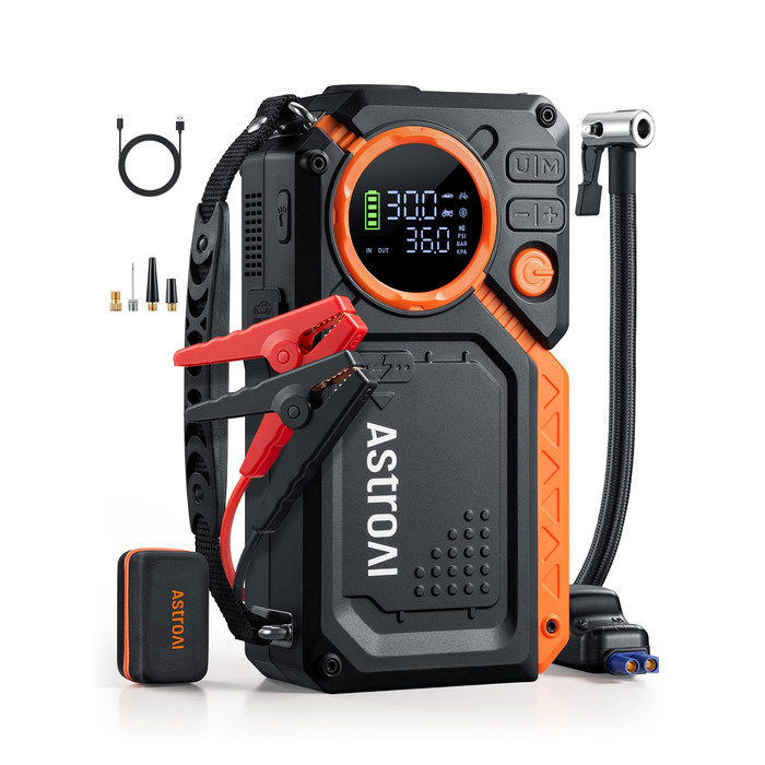 Powerbank для авто AstroAI з пусковим струмом 8000А та компресором 150PSI оранжевого кольору