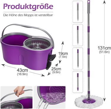 MASTERTOP Набір для миття підлоги з відром, моп з нержавіючою сталею та 3 мікрофібровими накладками, професійний набір для миття підлоги з відром та функцією віджиму - фіолетовий