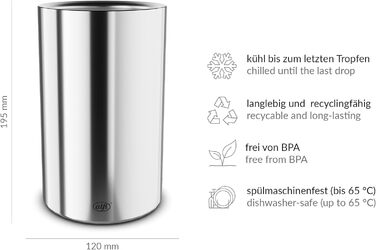alfi SECCO, stainless steel bottle cooler for 0.70 to 1l bottles, wine, sparkling wine. Keeps drinks cool without condensation or ice cubes, ensuring chilled drinks to the very last drop. Dishwasher-safe, BPA-free (Polished stainless steel, cylindrical)