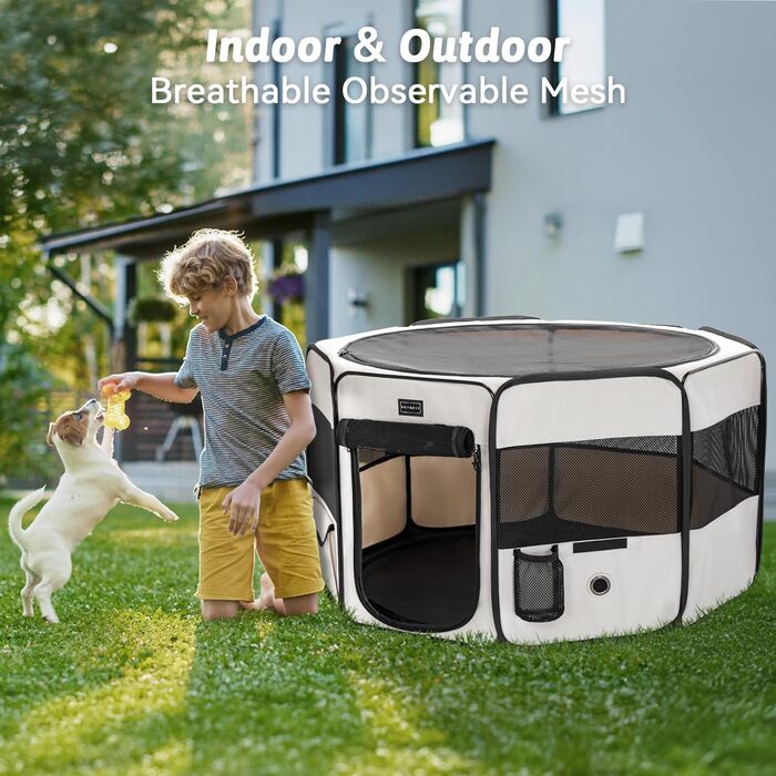 PETSFIT Розкладний вольєр для цуценят та дрібних тварин: собак, котів. Розкладний вольєр для собак з водонепроникним дном, система Pop-up, безпечний дизайн, сірий/зелений, 92 x 64 x 53 см (S, сірий)