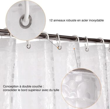 Шторка для душу WELTRXE з антигрибковим покриттям, з вагами та магнітом, 120x180 см, водонепроникна, антибактеріальна, EVA, для дітей, 3D-візерунок каменю, з 8 кільцями для душу (прозорі)