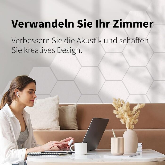 Акустичні гексагональні панелі для шумоізоляції самоклеючі, 24 шт (1.4м²), 230кг/м³, NRC 0.95, 100% поліестер, колір порцеляново-білий