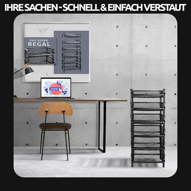 Plastic shelf system, stackable/expandable plug-in system as a stacking shelf, 6 shelf elements in black