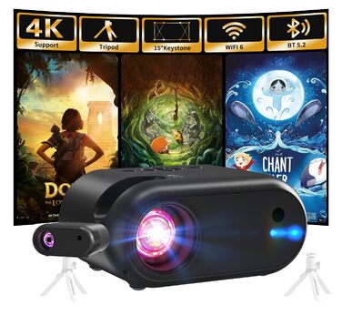 Портативний проєктор Mini Beamer 1080p з Wi-Fi, Bluetooth та штативом. Підтримка HDMI, USB, смартфонів, TV-Stick. Ідеально для домашнього кінотеатру та спальні. Чорний колір.