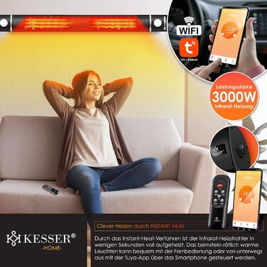 Інфрачервовий обігрівач KESSER® 3000W з LED-підсвічуванням та Wi-Fi, для тераси, кафе, бару, з пультом керування та захисним чохлом. Настінний кварцовий обігрівач (Чорний)