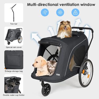 Beberoad 2-в-1 Причіп для собак на велосипед та візок, складаний для тварин до 45 кг, R8 (Чорний)