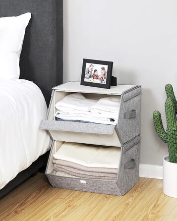 SONGMICS Storage Box, 2-Piece Set, Folding Box, Stackable Fabric Box with Magnetic Flip Lid, Metal Frame, 38 x 26.5/35 x 25, Grey-Beige RLB02GY