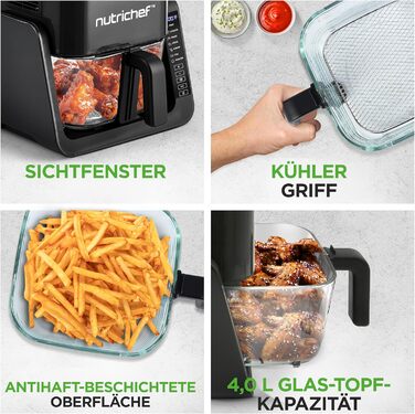 Фритюрниця NutriChef з гарячим повітрям, XXL 8л, подвійна камера, вікно огляду, max 360°C, 9 програм, антипригарне покриття, можна мити в посудомийній машині, безжирова фритюрниця, гриль, випічка, 1700W (4л - чорний)