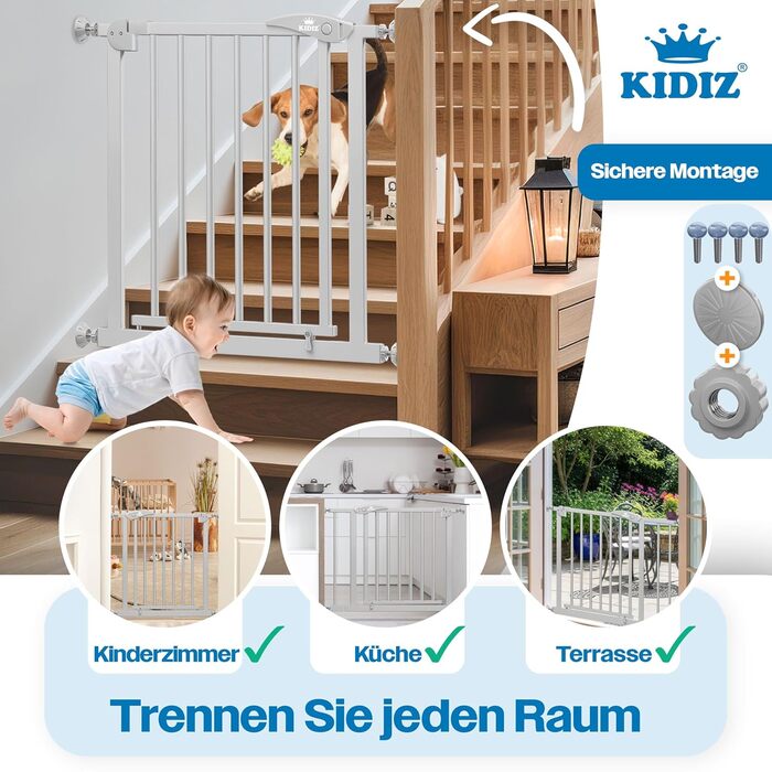 Захист для сходів KIDIZ без свердління | Ширина: 74-80 см, висота 75 см | Захист від падіння для дітей та собак | Одноручний відкривання, система Open-Stop 90°, сірий