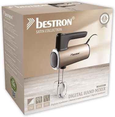 Міксер ручний Bestron Power з 6 швидкостями, Turbo-функцією та LCD-дисплеєм. В комплекті: 2 вінчики та 2 гаки для тіста. Легкий (1 кг), колір: бежевий