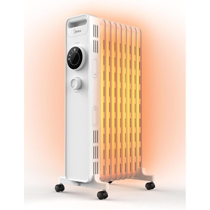 Масляний радіатор Midea NY2009-22M 2000Вт, 9 секцій, економний, тихий, електрообігрівач з термостатом, 3 режими, захист від перегріву та перекидання, ECO-режим, швидкий нагрів, портативний, білий