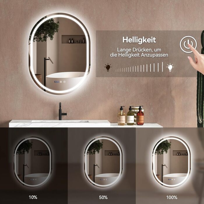 Дзеркало для ванної кімнати YOURLITE з підсвічуванням, 60 см, LED, сенсорне керування, 3 кольори світла, регулювання яскравості, антизапар, пам'ять, годинник, овальне, білий