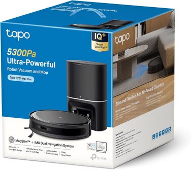 Робот-пилосос Tapo RV20 Max Plus з функцією миття та автоматичною станцією самостійного очищення, 5300Pa потужність всмоктування, 83 мм товщина, сумісний з Alexa & Google Assistant, керування через додаток