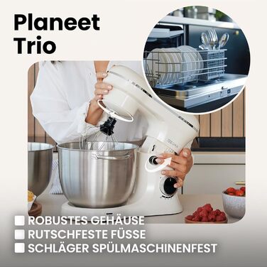 Кухонний комбайн ZEEGMA PLANEET TRIO: планетарний робот, 1500 Вт, 3 чаші (4 л, 4,5 л, 5,2 л), 10 швидкостей, міксер з гаками та вінчиком, кришка з мірним стаканом