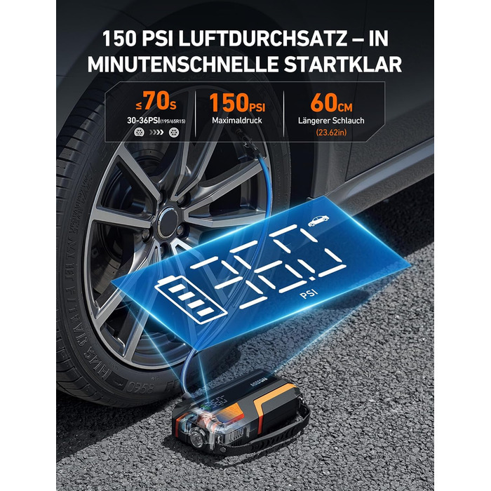 AstroAI MF16 6000A Powerbank для старту авто з компресором 150 PSI, 6000A, 12V, для бензинових/дизельних авто, мотоциклів, SUV, з LED-дисплеєм, помаранчевий