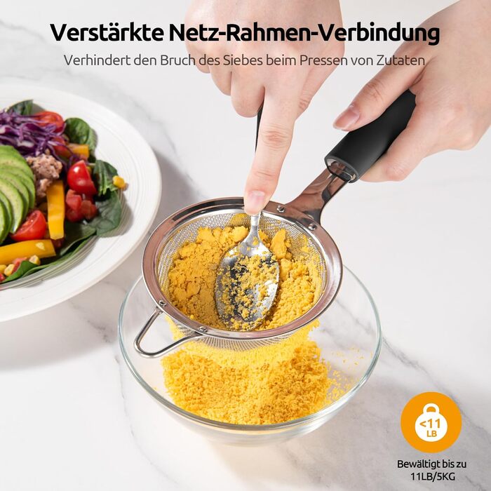 Кухонне сито U-Taste з дрібною сіткою 8,5 см, з нержавіючої сталі 18/8, з міцною заклепкою та силіконовою ручкою, для просіювання борошна, чаю, рису, кіноа, чорне