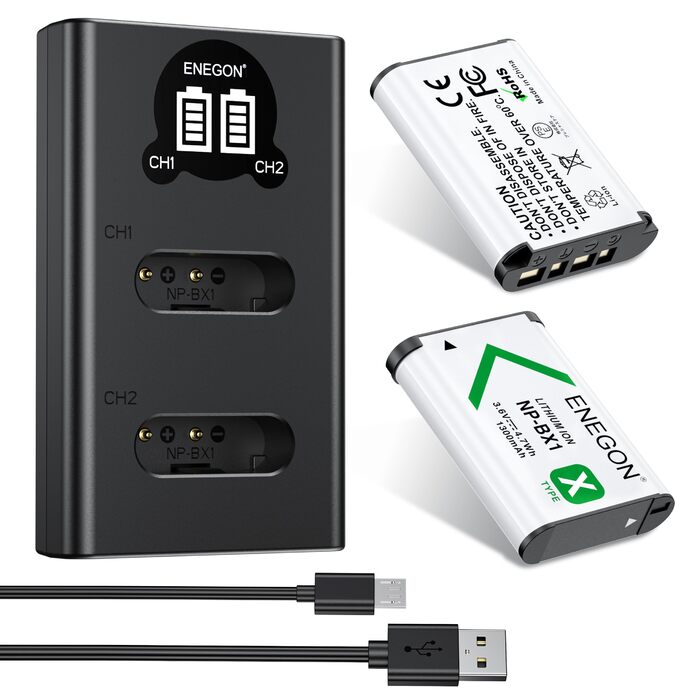 Акумулятор ENEGON NP-BX1 (1300mAh, 2 шт.) з LCD-зарядним пристроєм для Sony NP-BX1, ZV-1, Cyber-Shot DSC-RX100 (усі моделі) та HDR-CX405
