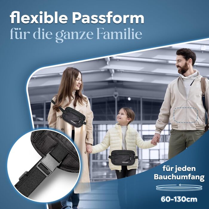 Чоловіча/жіноча поясна сумка з RFID захистом (водостійка) - поясний ремінь для безпечних подорожей. Підходить для спорту, бігу та подорожей (чорна)