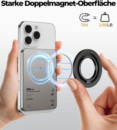 Power Bank KU XIU Magsafe 5000mAh: Тонкий, з підтримкою MagSafe, з кільцем для кріплення, PD 20W, для iPhone 17/16/15/14/13/12 (Титан)