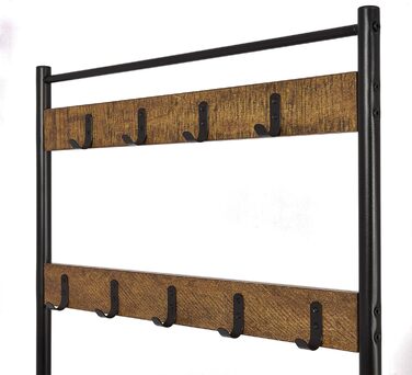 Mondeer Coat Rack, Shoe Rack with Coat Rack, 3 Shelves and 9 Detachable Hooks, Industrial Design, Metal and Wood Construction, 70 x 32 x 175 cm, for Entryway, Brown