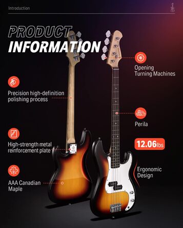 Бас-гітара Donner E для початківців, 4-струнна P-стиль, повний розмір, з сумкою, ременем та кабелем (sunburst)