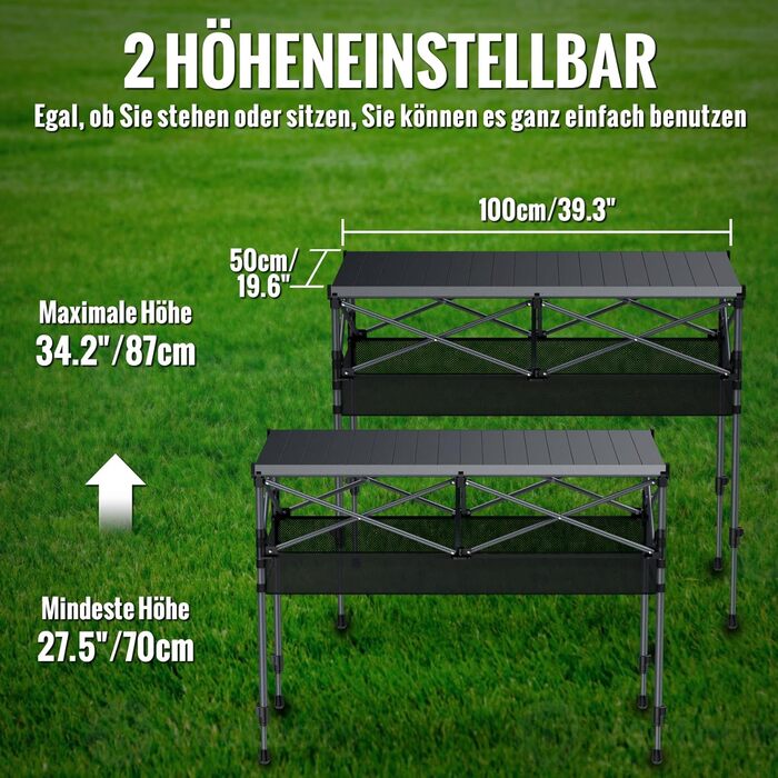 Зручний складаний туристичний стіл Garllen для пікніка та відпочинку на природі, 82x40 см, 2 рівня висоти (44/70 см), сталевий, з сумкою