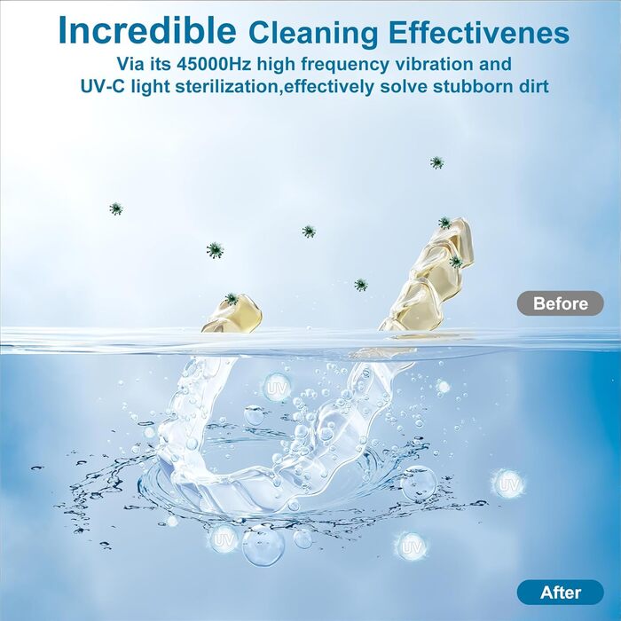 Ультразвуковий очищувач для кап, з УФ-стерилізацією 45 кГц, 4 режими - для кап, брекетів, елайнерів (білий)