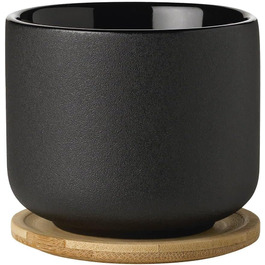 Stelton Teacup Theo - Drinking cup for tea, coffee & hot chocolate - stoneware, cast iron exterior, glazed interior - lid made of sustainable bamboo wood - Black & Brown, 0.2 Liter Teacup Black