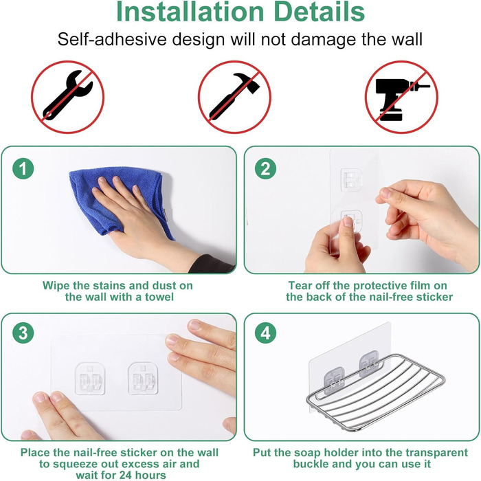 Тримач для мила без свердління Uten, нержавіюча сталь, самоклеючий з 2 гачками, для душу, ванної, кухні (сріблястий)