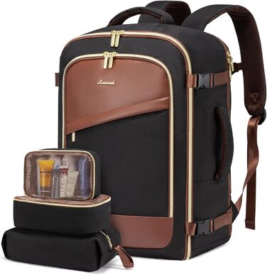 LOVEVOOK Рюкзак ручної поклажі 40L, жіночий водонепроникний рюкзак для подорожей з відділенням для взуття, рюкзак для ноутбука (17.3 дюйми) для школи, роботи, подорожей (чорний+каштанового кольору)