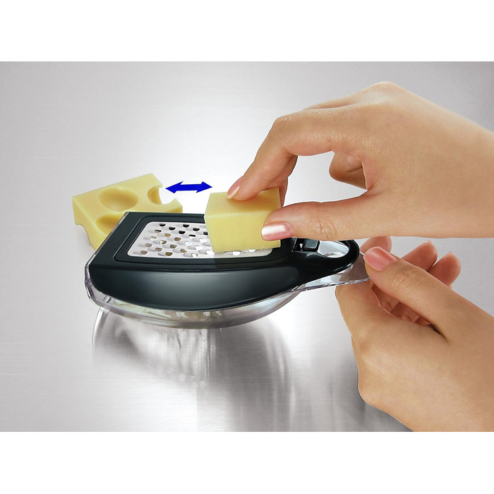 Palm Grater - Comfortable Compact Hand Grater. Vertical and Horizontal Hanging on Hook. Peeler, Slicer, Grater, Zester, All-in-One. Food Storage Compartment. 3 Stainless Steel Blades