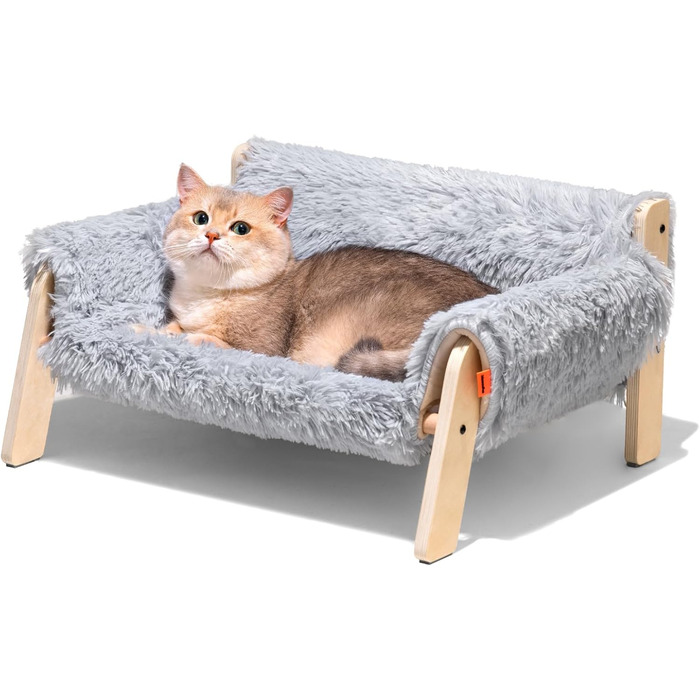 MEWOOFUN Elevated Cat Bed Sofa made of Wood, Sturdy Large Cat Sofa – Fashionable Cat Stool with Removable Mattress Cover, Holds up to 10 kg (56x45cm, Grey)