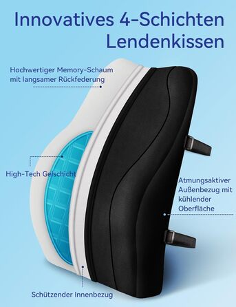 Подушка для спини Ergonomica Travel Ease з Memory Foam, для офісного та комп'ютерного крісла, з антистатичним, приємним до шкіри чохлом, для комфортної посадки (Чорний)