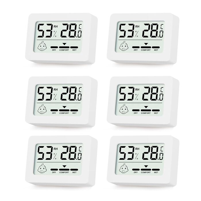 YIFMOO 6 Pack Mini Thermometer Hygrometer Indoor, Digital Thermometer Hygrometer with Smiley Display for Baby Rooms, Senior Rooms, Study Rooms, Wine Cellars, Living Rooms, etc., (white)