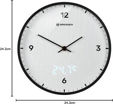 Bresser MyTime Wall Clock with Radio Control, No Ticking Sound, 24 cm Dial, LED Second Display, Indoor Temperature, and Silent Radio Movement, (White)