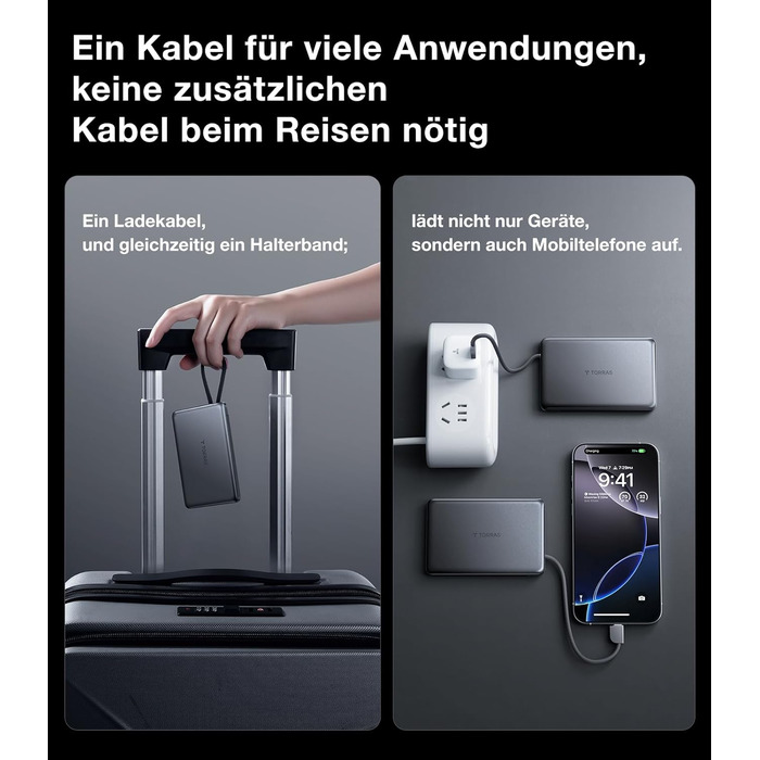 Портативний зарядний пристрій TORRAS Slim Powerbank 10000mAh з кабелем USB-C, 22.5W PD3.0, для iPhone, Samsung, AirPods, білий