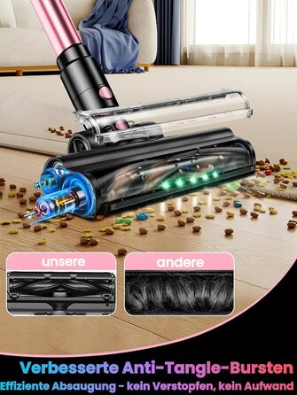 Бездротовий акумуляторний пилосос SUXIANGVAC 45000Pa/500W з LED дисплеєм та антинамотувальною насадкою, 73см подовжуваний шланг для твердих поверхонь, килимів та шерсті тварин, Рожевий